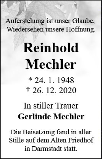 Traueranzeige von Reinhold Mechler von vrm-trauer