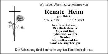 Traueranzeige von Renate Heim von vrm-trauer