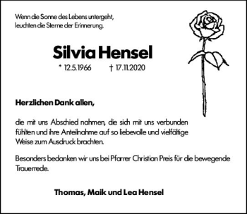 Traueranzeige von Silvia Hensel von vrm-trauer