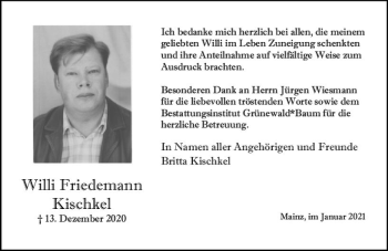 Traueranzeige von Willi Friedemann Kischkel von vrm-trauer