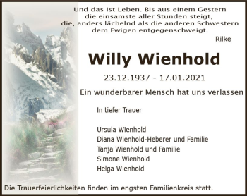 Traueranzeige von Willy Wienhold von vrm-trauer