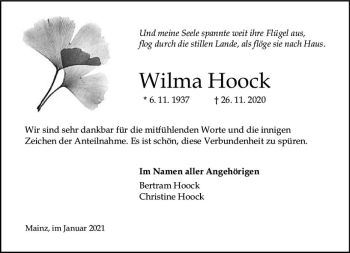 Traueranzeige von Wilma Hoock von vrm-trauer