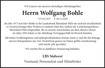 Traueranzeige von Wolfgang Bohle von vrm-trauer