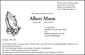 Traueranzeige von Albert Mann von vrm-trauer