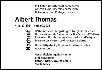 Traueranzeige von Albert Thomas von vrm-trauer