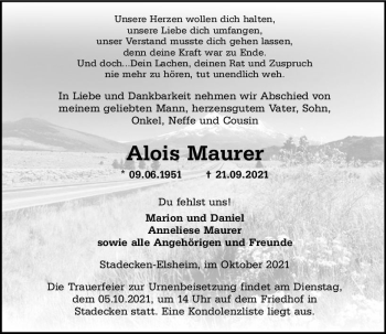 Traueranzeige von Alois Maurer von vrm-trauer