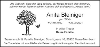 Traueranzeige von Anita Bleiniger von vrm-trauer