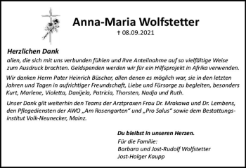 Traueranzeige von Anna-Maria Wolfstetter von vrm-trauer
