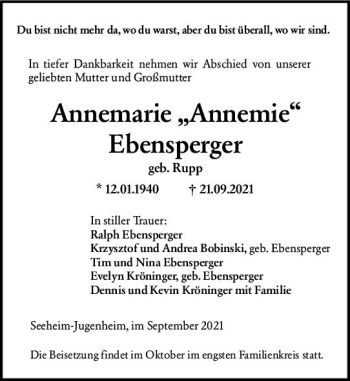 Traueranzeige von Annemarie Ebensperger von vrm-trauer
