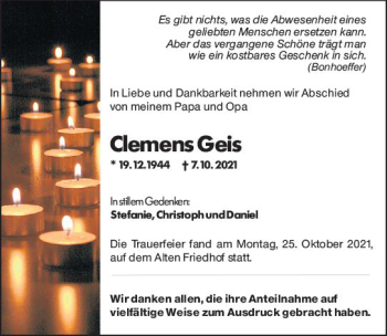 Traueranzeige von Clemens Geis von vrm-trauer