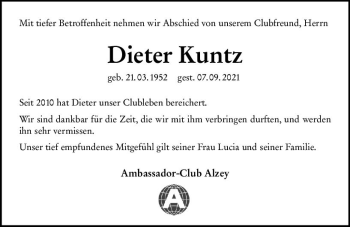 Traueranzeige von Dieter Kuntz von vrm-trauer
