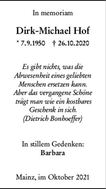 Traueranzeige von Dirk-Michael Hof von vrm-trauer