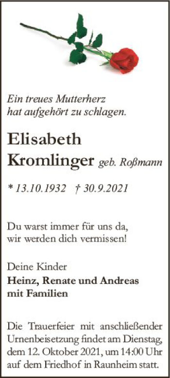 Traueranzeige von Elisabeth Kromlinger von vrm-trauer
