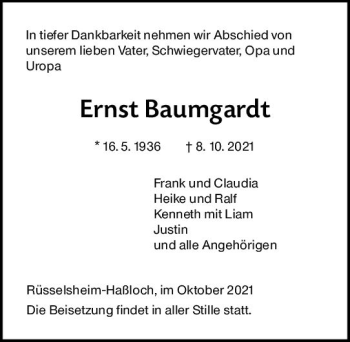 Traueranzeige von Ernst Baumgardt von vrm-trauer