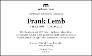 Traueranzeige von Frank Lemb von vrm-trauer