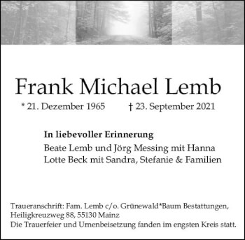 Traueranzeige von Frank Michael Lemb von vrm-trauer