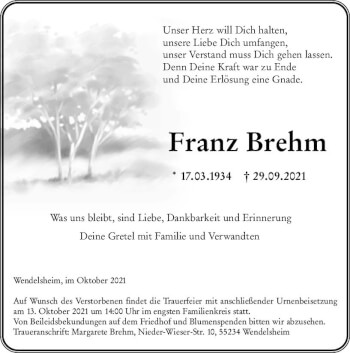 Traueranzeige von Franz Brehm von vrm-trauer
