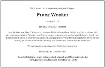 Traueranzeige von Franz Wocker von vrm-trauer