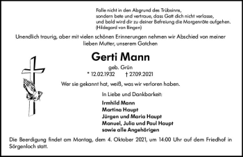 Traueranzeige von Gerti Mann von vrm-trauer