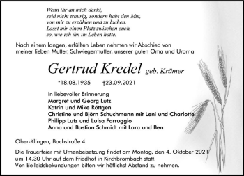 Traueranzeige von Gertrud Kredel von vrm-trauer