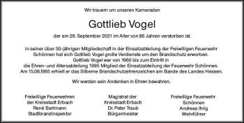 Traueranzeige von Gottlieb Vogel von vrm-trauer