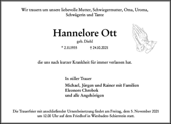 Traueranzeige von Hannelore Ott von vrm-trauer