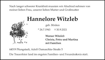 Traueranzeige von Hannelore Witzleb von vrm-trauer