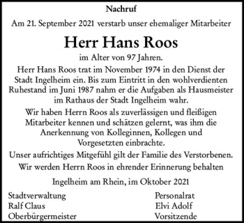 Traueranzeige von Hans Roos von vrm-trauer
