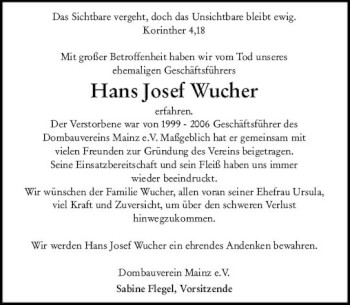 Traueranzeige von Hans Josef Wucher von vrm-trauer