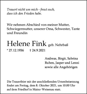 Traueranzeige von Helene Fink von vrm-trauer