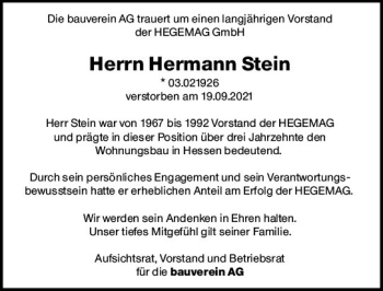 Traueranzeige von Hermann Stein von vrm-trauer
