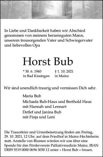 Traueranzeige von Horst Bub von vrm-trauer
