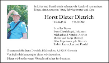 Traueranzeige von Horst Dieter Dietrich von vrm-trauer
