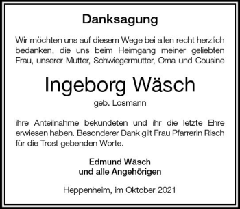 Traueranzeige von Ingeborg Wäsch von vrm-trauer