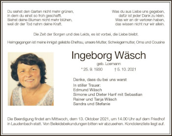 Traueranzeige von Ingeborg Wäsch von vrm-trauer