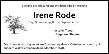 Traueranzeige von Irene Rode von vrm-trauer