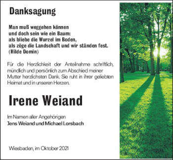 Traueranzeige von Irene Weiand von vrm-trauer