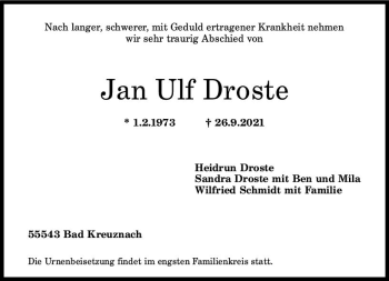 Traueranzeige von Jan Ulf Droste von vrm-trauer