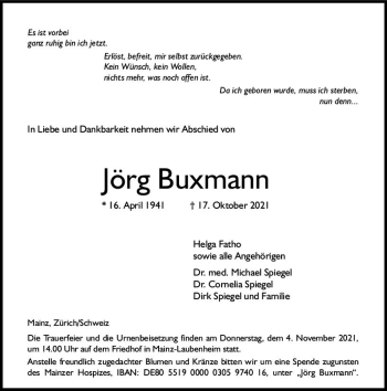 Traueranzeige von Jörg Buxmann von vrm-trauer