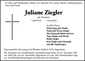 Traueranzeige von Juliane Ziegler von vrm-trauer
