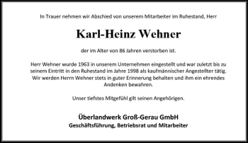 Traueranzeige von Karl-Heinz Wehner von vrm-trauer