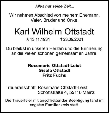Traueranzeige von Karl Wilhelm Ottstadt von vrm-trauer