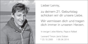 Traueranzeige von Leonard Timon Janis Sieben von vrm-trauer
