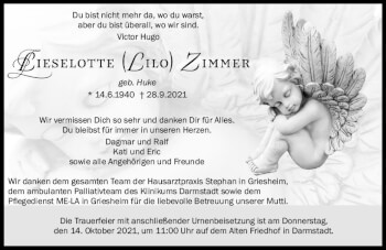 Traueranzeige von Lieselotte Zimmer von vrm-trauer