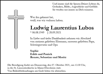 Traueranzeige von Ludwig Laurentius Lubos von vrm-trauer