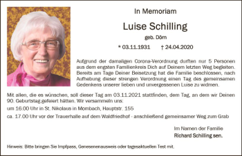 Traueranzeige von Luise Schilling von vrm-trauer