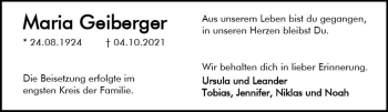 Traueranzeige von Maria Geiberger von vrm-trauer