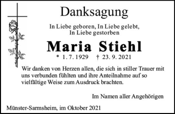 Traueranzeige von Maria Stiehl von vrm-trauer