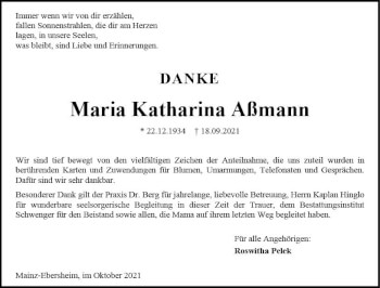 Traueranzeige von Maria Katharina Aßmann von vrm-trauer