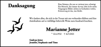 Traueranzeige von Marianne Jetter von vrm-trauer